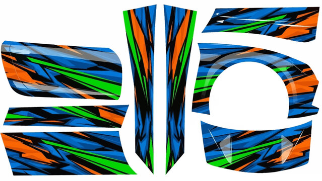Vibrant abstract graphic decal kit with blue, green, and orange angular patterns for vehicle customization.