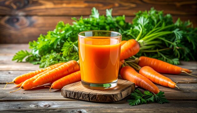 Bright orange carrot juice fills a clear glass, surrounded by fresh whole carrots and green leaves, all set on a rustic wooden table, creating a vibrant and healthy scene. rew
