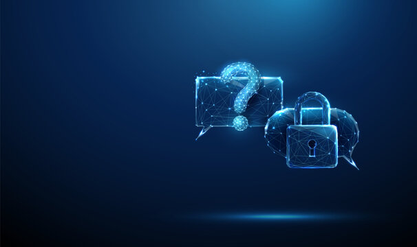 Speech bubbles with a question mark and a lock icon. Secure inquiry, protected communication, privacy awareness, encrypted messaging, cybersecurity concept