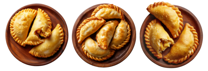 Fried baked pastry empanadas filled with ground beef cheese ham and crimped edges on wooden plate, isolated on white background