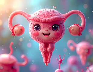 A whimsical, anthropomorphic pink uterus character with a sweet smile floats among blurry bokeh lights and other uteri