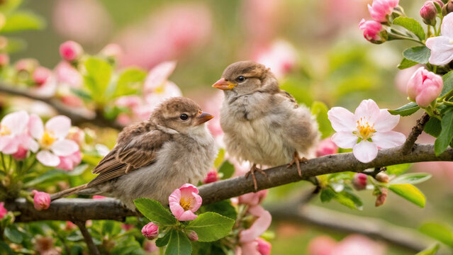 Cherry blossoms. Sparrows on a branch