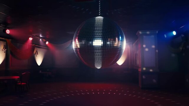 Sparkling disco ball spinning in an empty dance hall with colorful lights. A vibrant atmosphere for nightlife, parties, and celebrations