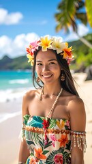 A smiling woman with flower crown on a sunny beach with turquoise water and green hills in the distance