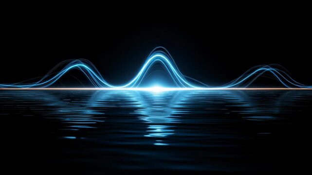 Glowing blue wave pulses over dark water, reflecting the light