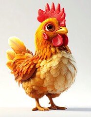 A whimsical chicken with bright orange and yellow feathers stands against a white background, cartoonish style
