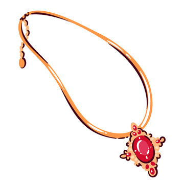 Gold necklace with ruby pendant. Oval red gemstone in ornate frame, glossy chain, smooth curves, bold outlines. Statement jewelry accessory for fashion and bridal, cartoon vector illustration