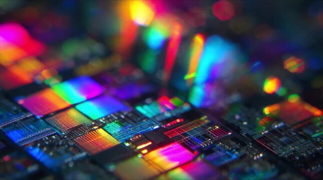 Vibrant rainbow semiconductor wafer with intricate microchip circuit patterns and shimmering iridescent light (AI Generated)