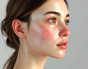 A young woman with freckles and fair skin, looking to the right, soft light background