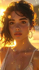 A young woman with freckles bathed in golden sunlight, wearing delicate jewelry, serene expression