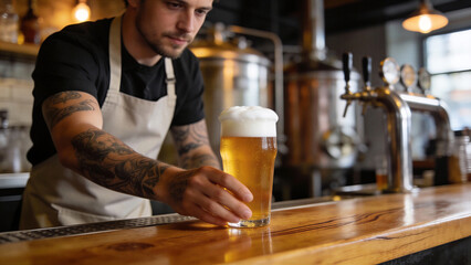 Tattooed man as bartender holding fresh pint of beer in craft brewery. Male server with apron at wooden bar counter pouring golden ale. National beer day concept in usa for pub culture and craft