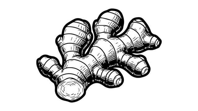 Black and white illustration of a ginger root with elongated finger-like projections