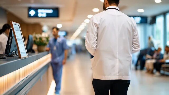 Medium shot of ambulatory center reception with front desk in sharp focus and blurred patients checking in bright wayfinding signs and seating in soft background.
