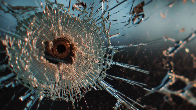 Close up of a shattered glass surface with light reflecting off broken shards