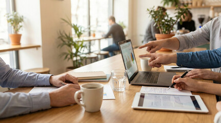 Group of Business People Analyzing Financial Data Charts on Laptop in Cafe Meeting