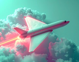 A white airplane soars through puffy clouds, leaving a trail of pink light against a teal-colored sky