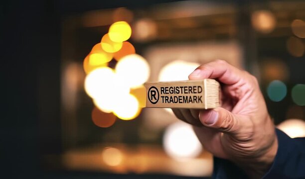 Man in a suit holds up a registered trademark sign in a video