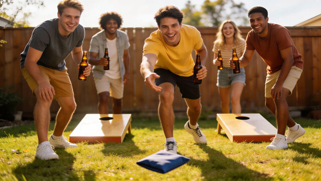 Diverse friends including men and woman playing cornhole with beers in sunny backyard. Outdoor summer game and social fun. National beer day celebration in usa
