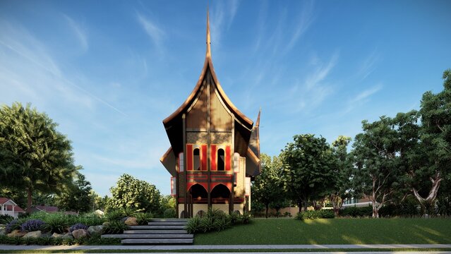 Architectural rendering of Rumah Gadang, modern interpretation of the traditional house of the Minangkabau people features gonjong roof. Related to the fusion of cultural heritage and modern design