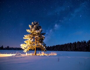A snow-covered field, illuminated tree under a starry night sky with forest silhouettes on horizon