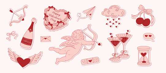 Valentine&rsquo;s Day romantic clipart set with cupid, hearts, champagne, cake, cocktails and love symbols. Cute hand drawn elements for wedding, romance and holiday design.