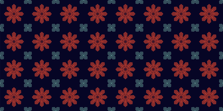 Seamless vector pattern with red snowflakes, flowers, geometric elements . Retro style background. Design for winter holiday, textile, wallpaper, fabric, decoration, print, cover