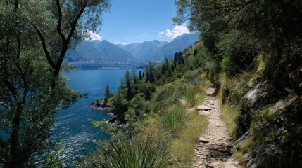 Obraz premium Scenic lakeside mountain path with lush greenery and clear blue sky.
