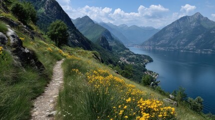 Obraz premium Scenic mountain landscape with wildflowers along lake path on sunny day.