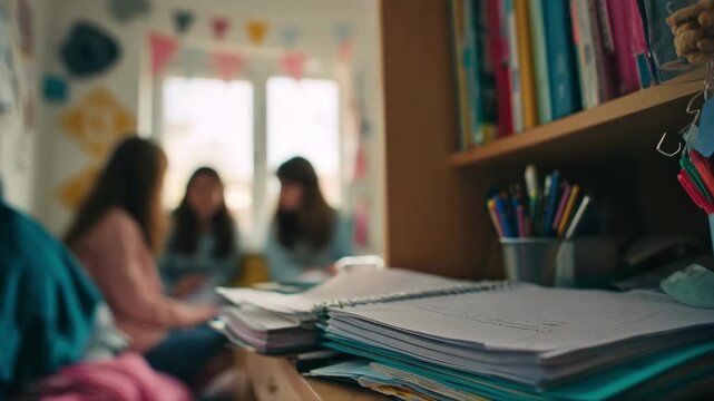 Medium shot of a snackfilled study corner where students share ideas over notebooks with a softly blurred casual classroom setting