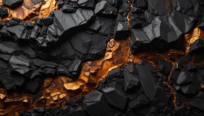 Abstract close-up of rough, fractured black rock formations with bright gold crevices. Texture, geology, detail