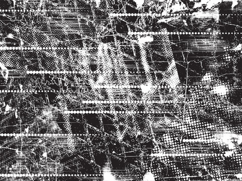 Glitch distorted grungy overlay  grange texture. Textured and glitched technology background. Screen print effect .Vector overlay background with a halftone dots screen print texture