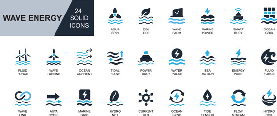 Wave energy vector solid icon set featuring turbine, tidal, buoy, current, ocean, hydro, and eco symbols.  perfect for UI, apps, renewable power, and branding. © Md
