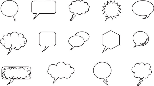 Set of hand drawn speech and thought bubble icons in various shapes