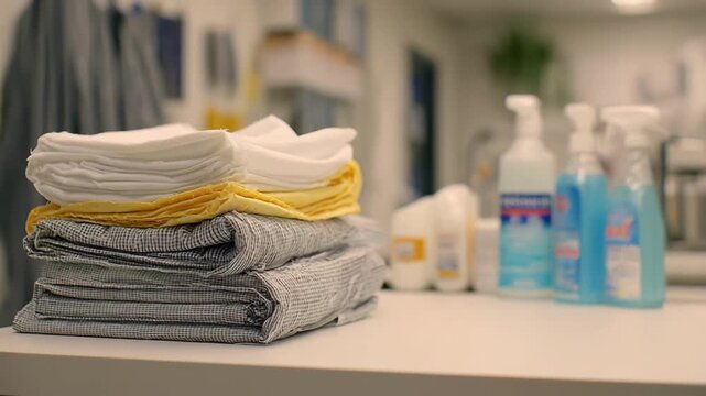 Medium shot of a compact utility room featuring a crisp stack of folded linens in focus while the backgrounds disinfectant bottles and waste bins are gently blurred to emphasize