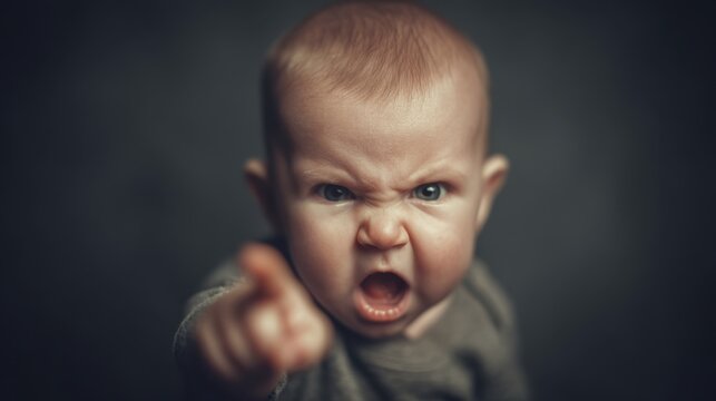 Angry caucasian baby pointing with intense expression on dark background.