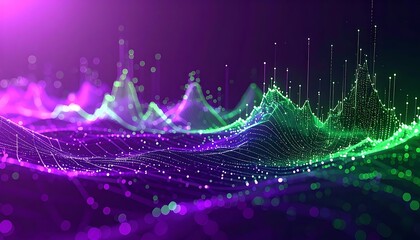 Abstract 3D landscape of neon green and magenta lines forming mountain-like structures on a deep violet background