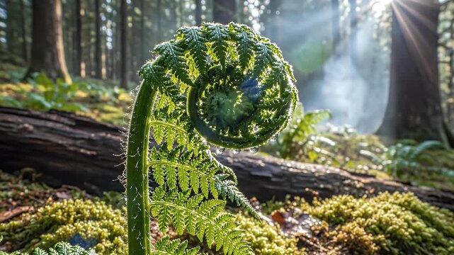 Whimsical fern fiddlehead in sunlit forest scene.
