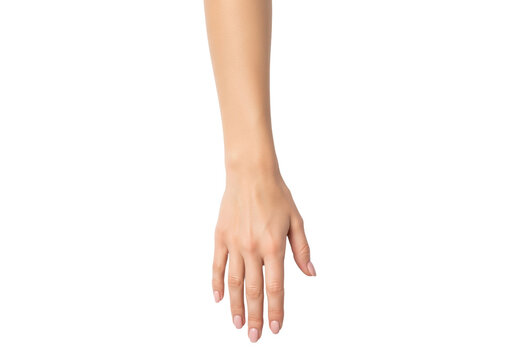 Young adult woman's bare, light-toned hand with nude-pink manicure, fingers splayed, isolated against a transparent background with copy space. Concept for commercial beauty presentation