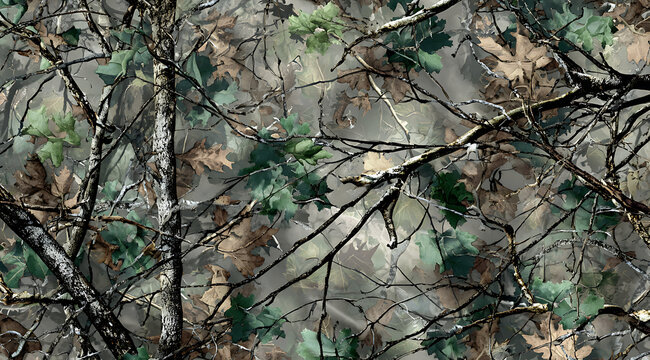 Forest camouflage. Seamless pattern. Trees, branches, green and brown oak leaves. Useable for hunting and military purposes. Hunting camo pattern. Tree vector camouflage

