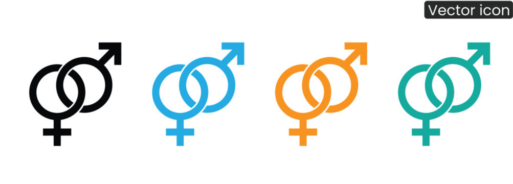 A set of vibrant gender equality symbols in modern colors, representing diversity and inclusion with a strong visual impact