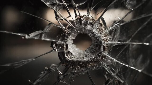 Extremely close shot of shattered glass, forming a starburst pattern around a central hole