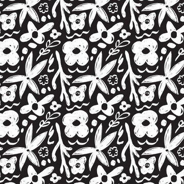Black and white flower pattern repeat design in vector, seamless fabric background with modern tattoo shapes