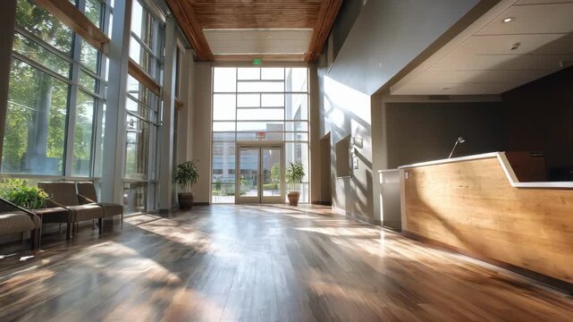Medium shot capturing sunlight pouring through expansive clinic windows softly emphasizing sustainable finishes and blurred ecofriendly flooring beneath