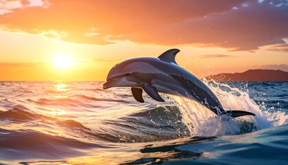 Fototapeta premium Dolphin leaping from ocean at sunset with vibrant colors.