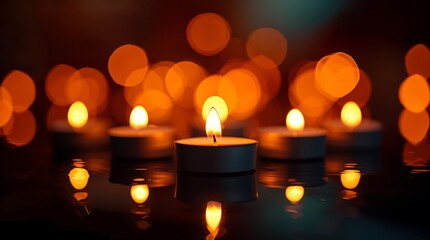 lit tea candles on reflective surface with bokeh lights