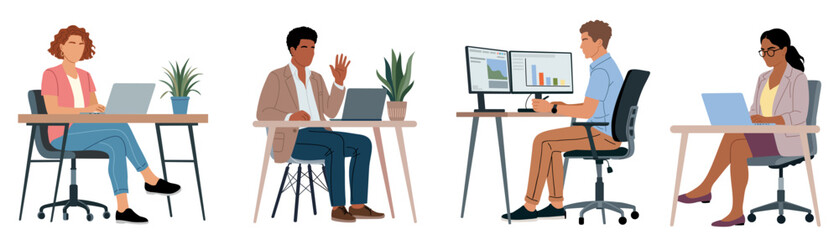 Obraz na płótnie Canvas Flat vector illustration of diverse people working on laptops at modern desks in a clean office setting, representing teamwork, productivity, and contemporary work culture.