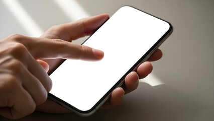 Close-up of a hand holding a smartphone with a blank white screen, ready for user interaction or content display