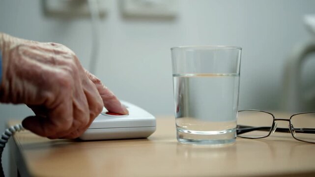 A close-up shot of an elderly hand repeatedly pressing a red emergency call button on a bedside device. A glass of water and eyeglasses rest nearby, emphasizing a patient's urgent need for assistance