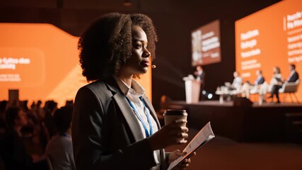 woman with lanyard stands among audience during conference. speaker and panel on stage present information. woman holds notebook and coffee while noting business detail. interaction with panel.