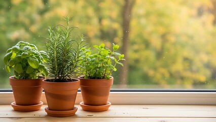 Three potted herbs on a windowsill with a scenic outdoor view